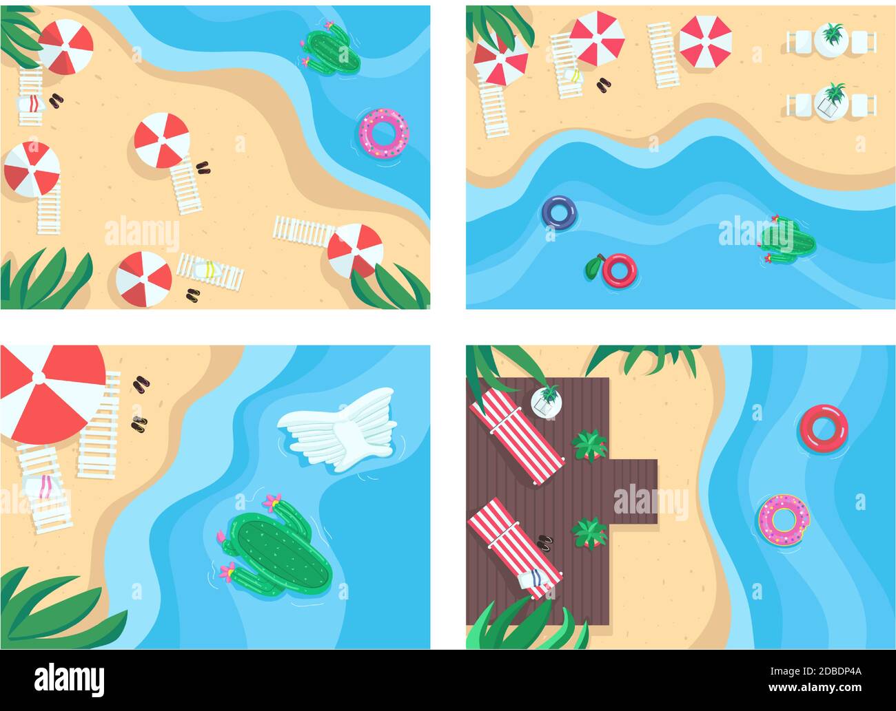 Set di illustrazioni vettoriali piatte a colori per spiagge sabbiose Illustrazione Vettoriale