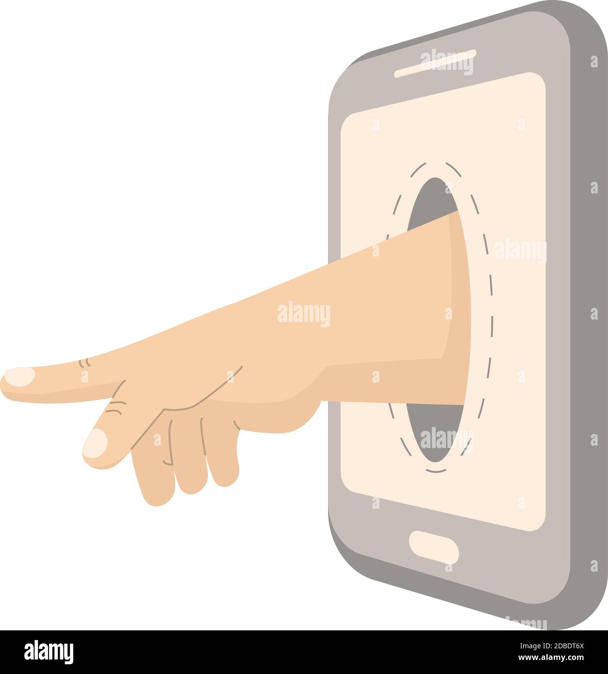 La mano si stacca dallo schermo dello smartphone in piano stile Illustrazione Vettoriale