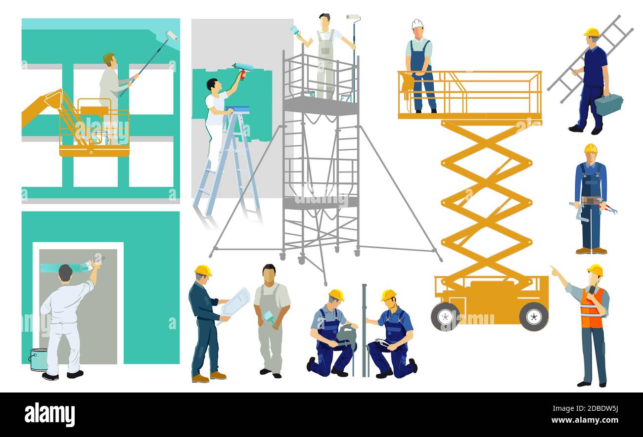 Pittori e artigiani in cantiere. Set - illustrazione Foto Stock