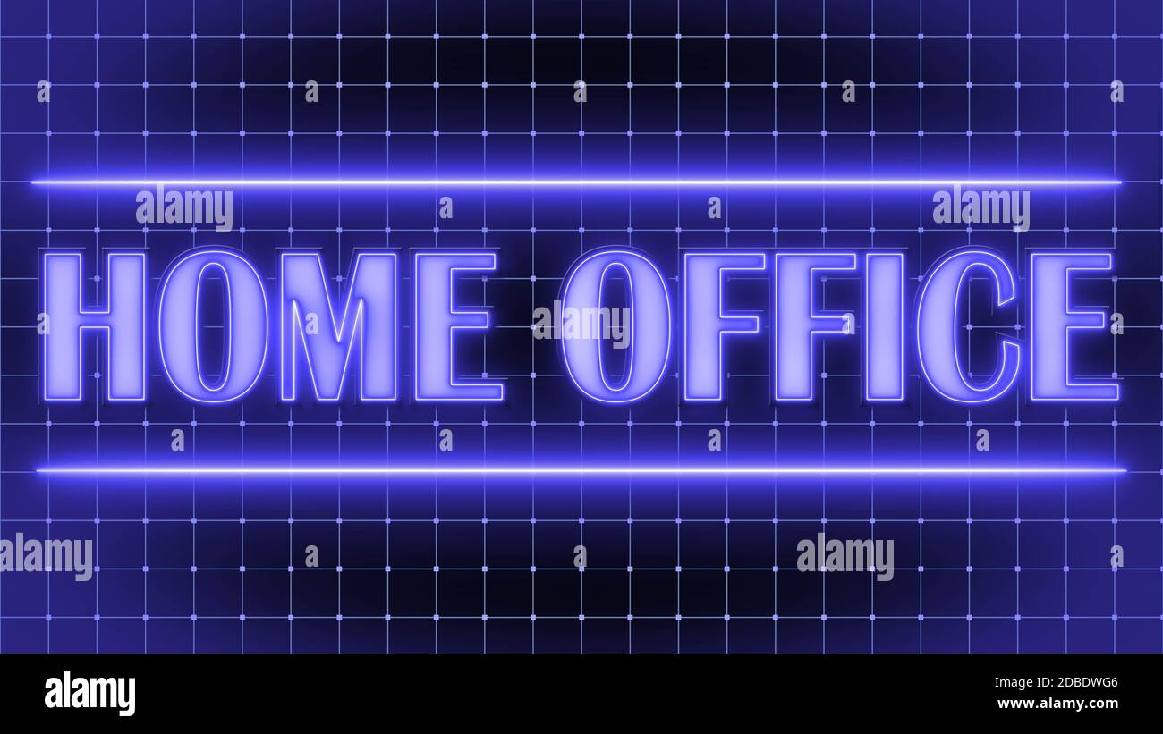 Scritte PER UFFICIO A CASA in stile neon chiaro contro linee griglia blu con punti Foto Stock