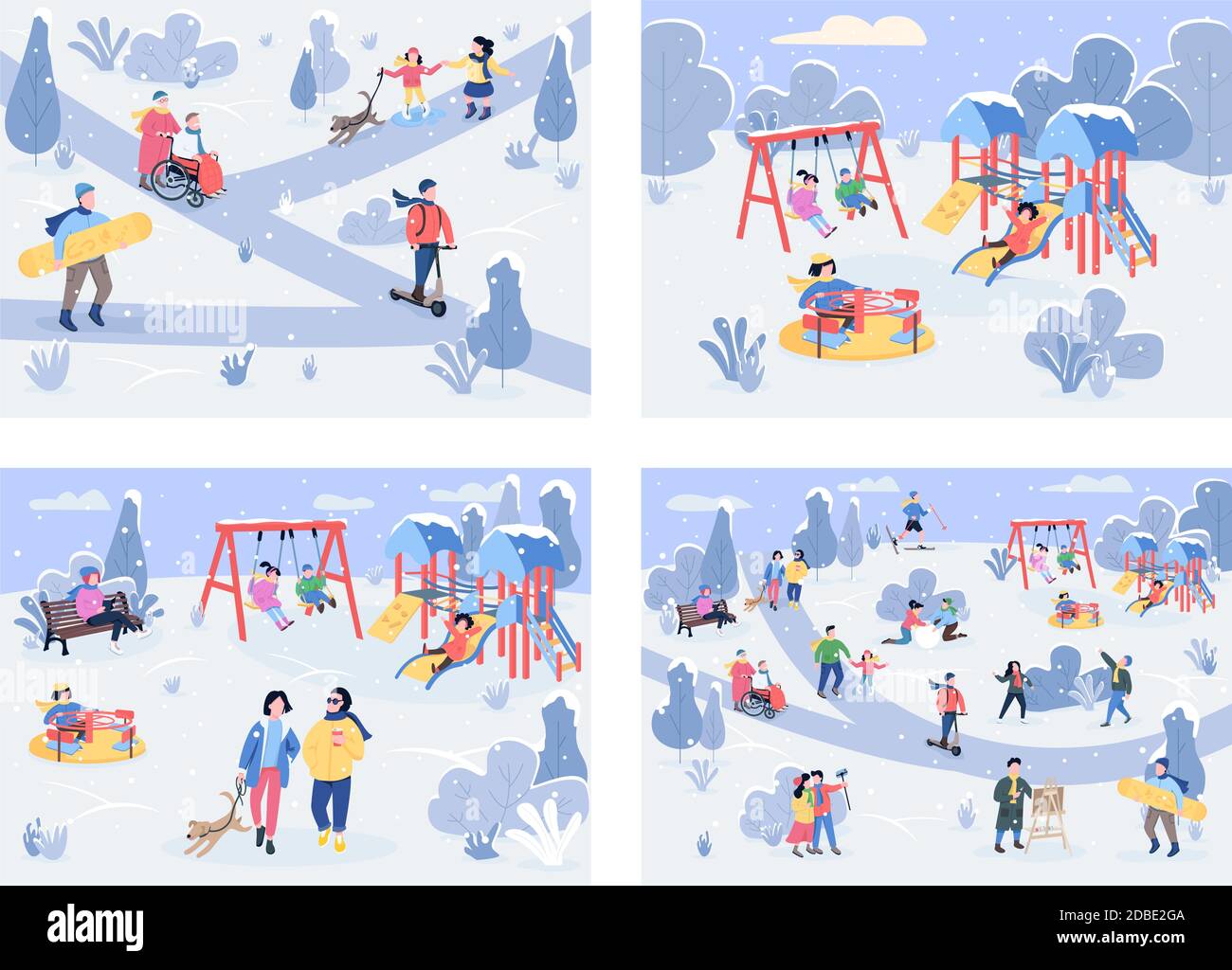 Set di illustrazioni vettoriali a colori piatte per l'area ricreativa invernale Illustrazione Vettoriale