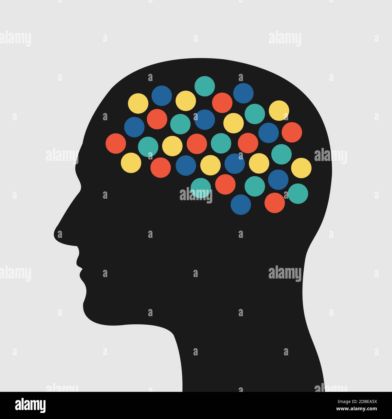 Attività cerebrale - puntini colorati e punti nella testa come metafora della creatività, del pensiero iperattivo, del disturbo mentale e della mente caotica. Illusione vettoriale Foto Stock