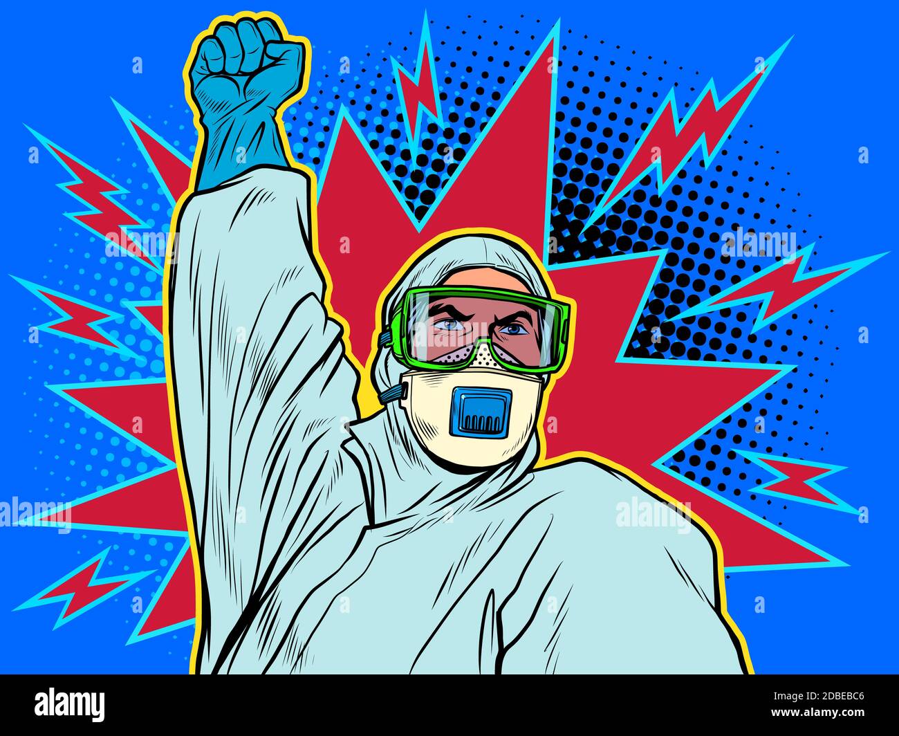 Un medico in tuta di protezione completa. Movimento di resistenza. Cavido19. Pop art retrò vettore illustrazione 50s 60s stile Foto Stock