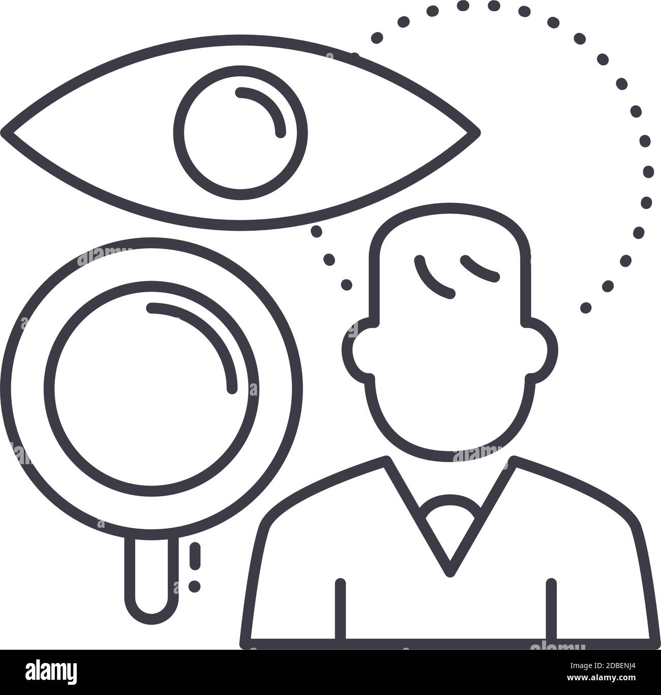 Icona di analisi del lavoro, illustrazione isolata lineare, vettore di linea sottile, segno di disegno web, simbolo di concetto di contorno con tratto modificabile su sfondo bianco. Illustrazione Vettoriale