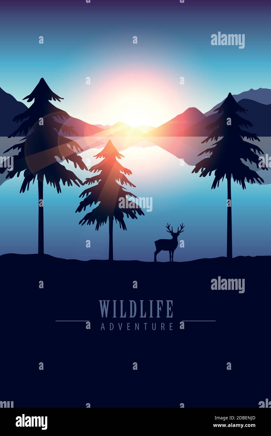 Wildlife adventure elk nel deserto dal lago al tramonto illustrazione vettoriale EPS10 Illustrazione Vettoriale