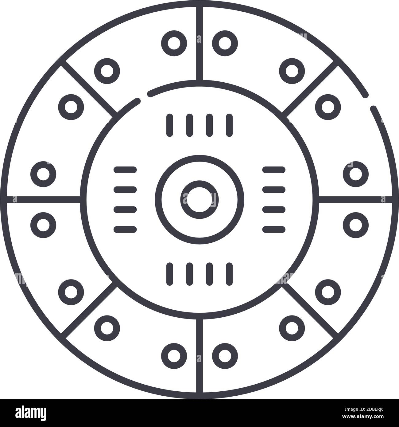 Icona del disco della frizione, illustrazione isolata lineare, vettore di linea sottile, simbolo di disegno web, simbolo di concetto di contorno con tratto modificabile su sfondo bianco. Illustrazione Vettoriale