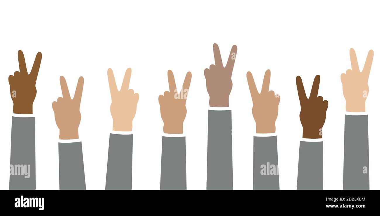 mani rialzate in diversi colori della pelle concetto di pace isolato su Immagine vettoriale bianca EPS10 Illustrazione Vettoriale