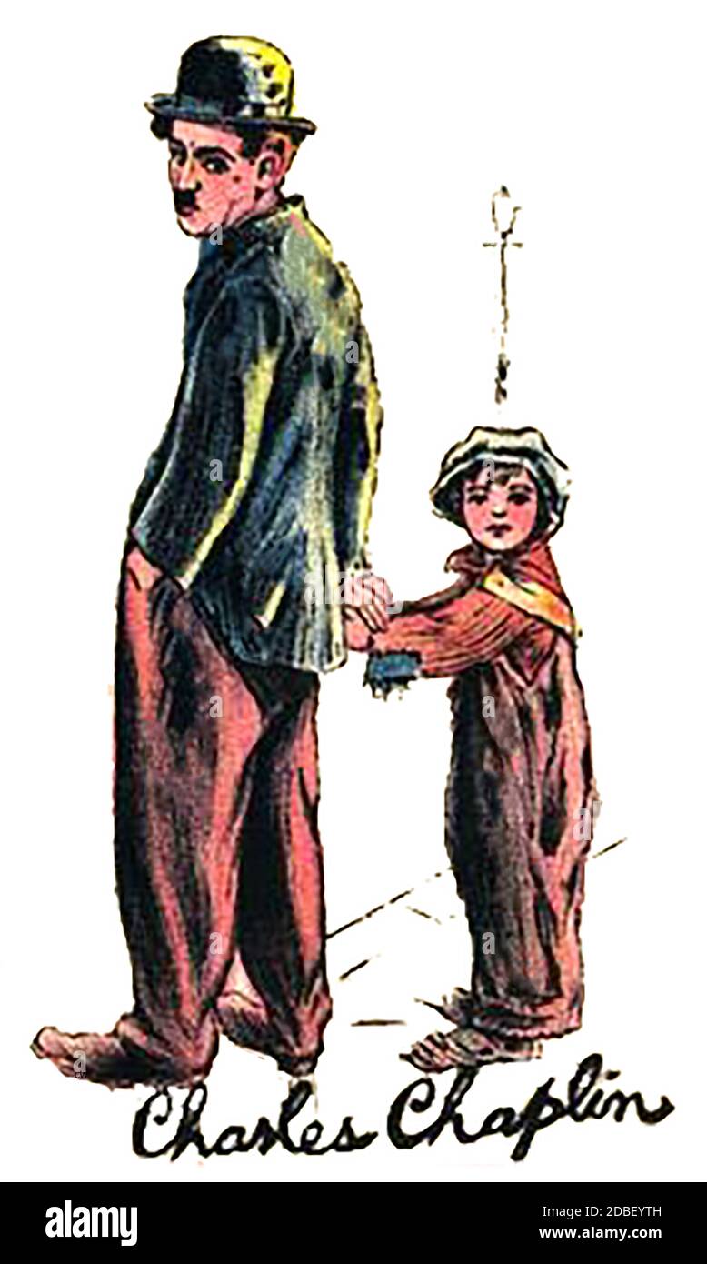 Un'immagine a colori di Charlie Chaplin e 'The Kid' (da una cartolina francese). Sir Charles Spencer Chaplin KBE (1889 – 1977) è stato un . Ha co-fondato la società di distribuzione United Artists nel 1919, dandogli il controllo totale sui suoi film. Il suo primo lungometraggio fu The Kid (1921), Foto Stock