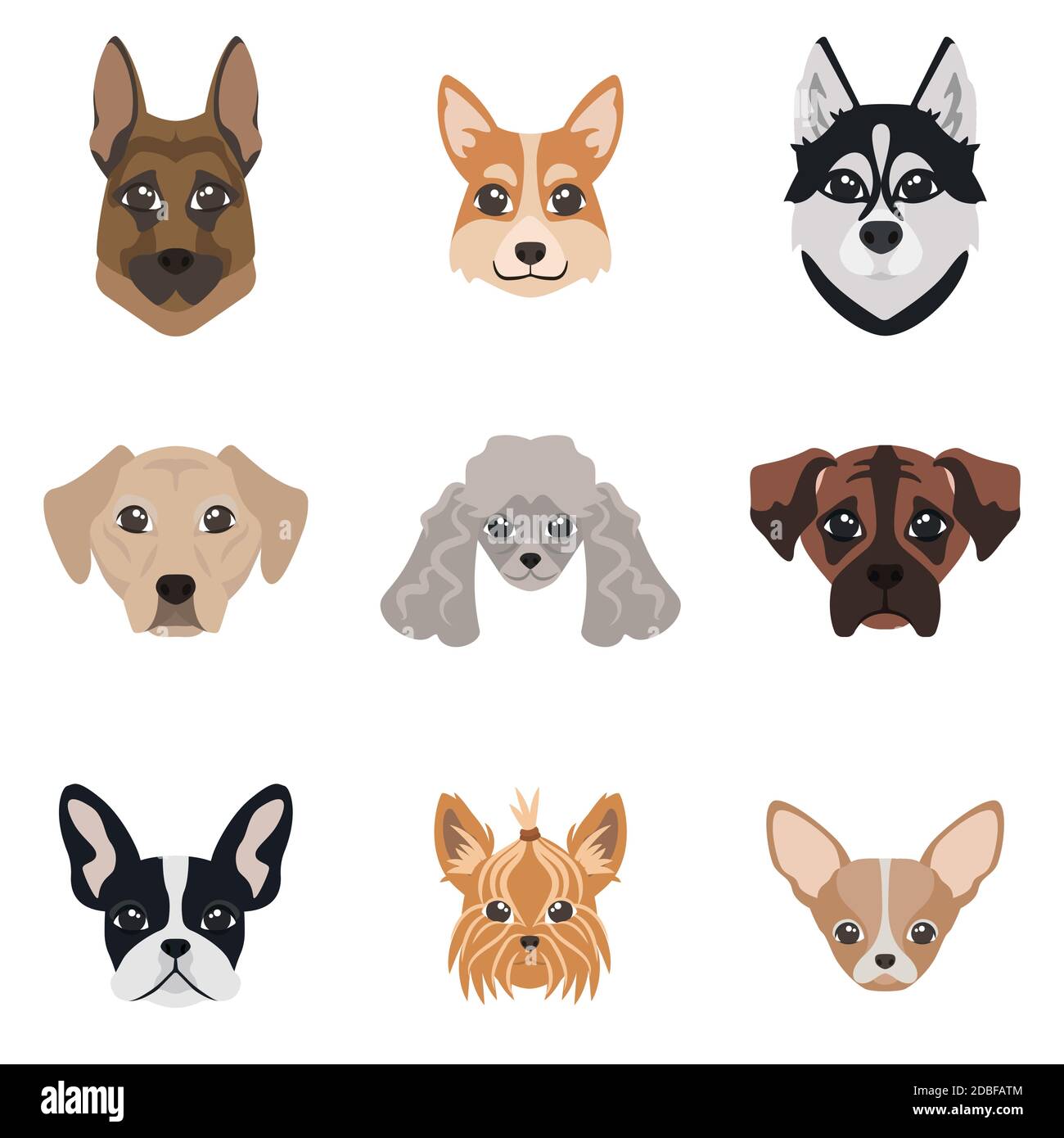 Raccolta di facce di cane. Set di razze diverse. Illustrazione Vettoriale