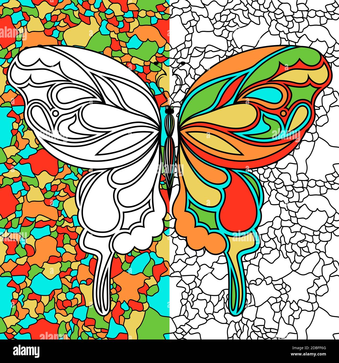 Stencil ornamentali colorati di una bella farfalla sullo sfondo del mosaico, disegnando a mano l'illustrazione vettoriale come un libro da colorare Illustrazione Vettoriale