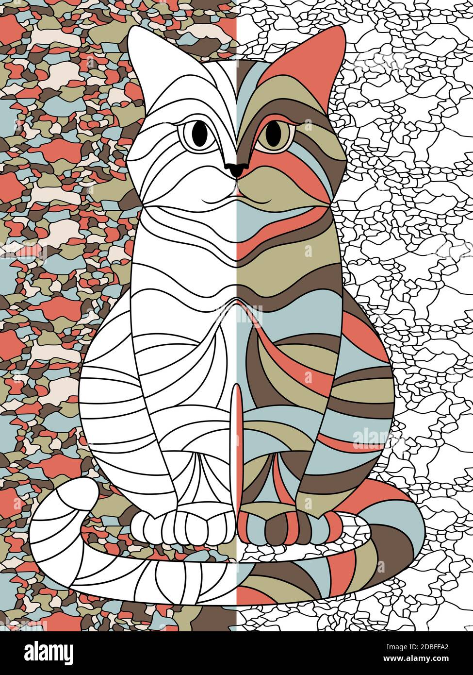 Gatto divertente e serio sullo sfondo del mosaico, disegno a mano di illustrazione vettoriale come un libro da colorare Illustrazione Vettoriale