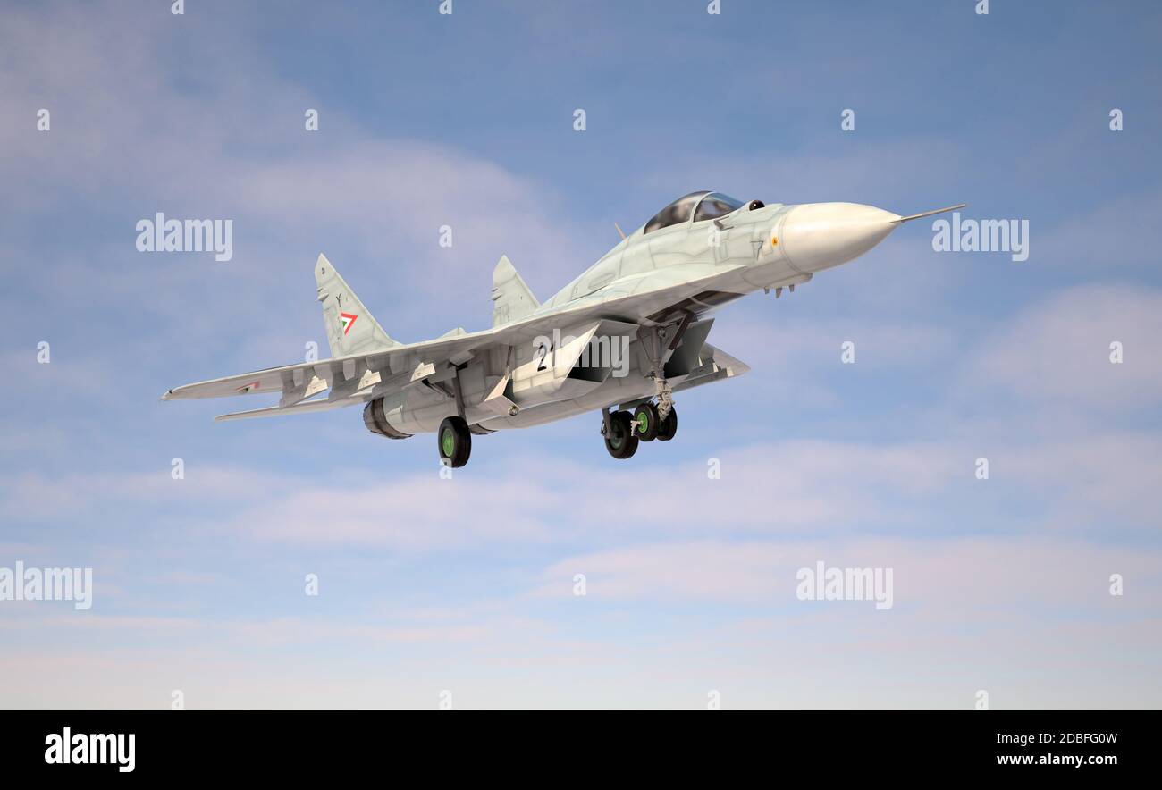 Aereo da combattimento militare Mig 29, atterraggio/decollo. illustrazione 3d. Foto Stock