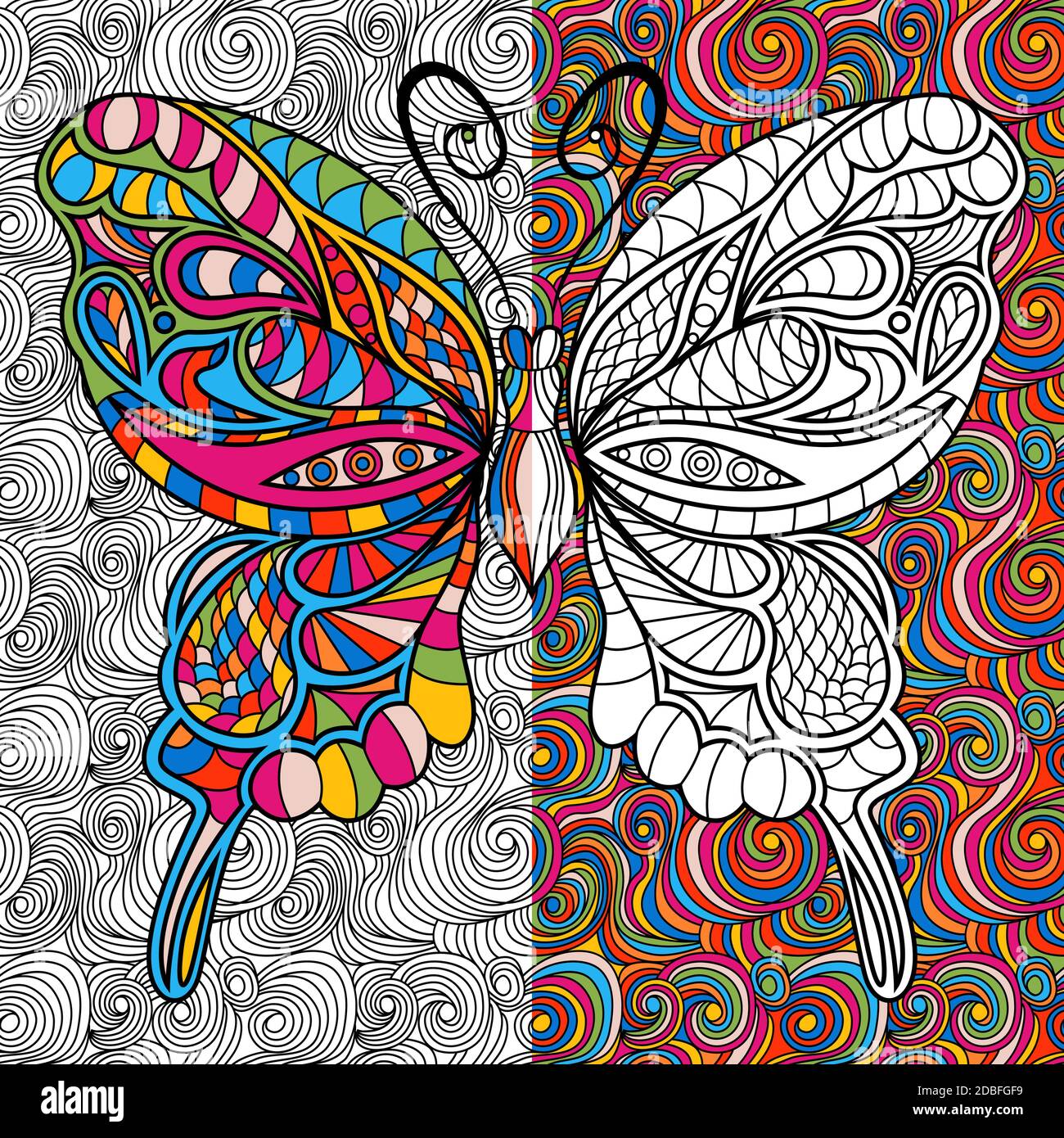 Ornamento colorato bella farfalla sullo sfondo del mosaico, disegno a mano vettore illustrazione come un libro da colorare Illustrazione Vettoriale