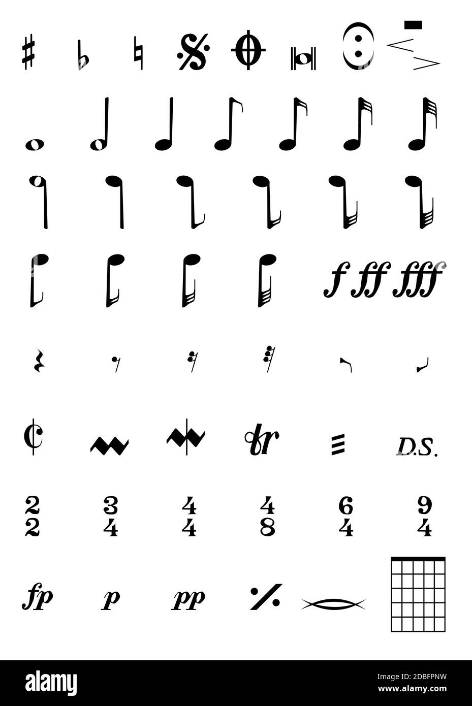 Una selezione di note musicali e di simboli. Foto Stock