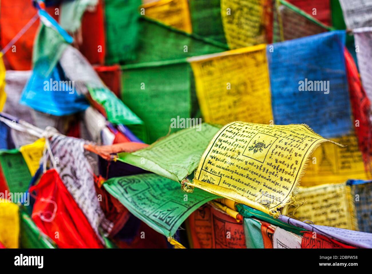Bandiere di preghiera del buddismo tibetano (lungta) con mantra di preghiera Om mani padme hum in lingua tibetana. Leh, Ladakh, Jammu e Kashmir, India Foto Stock