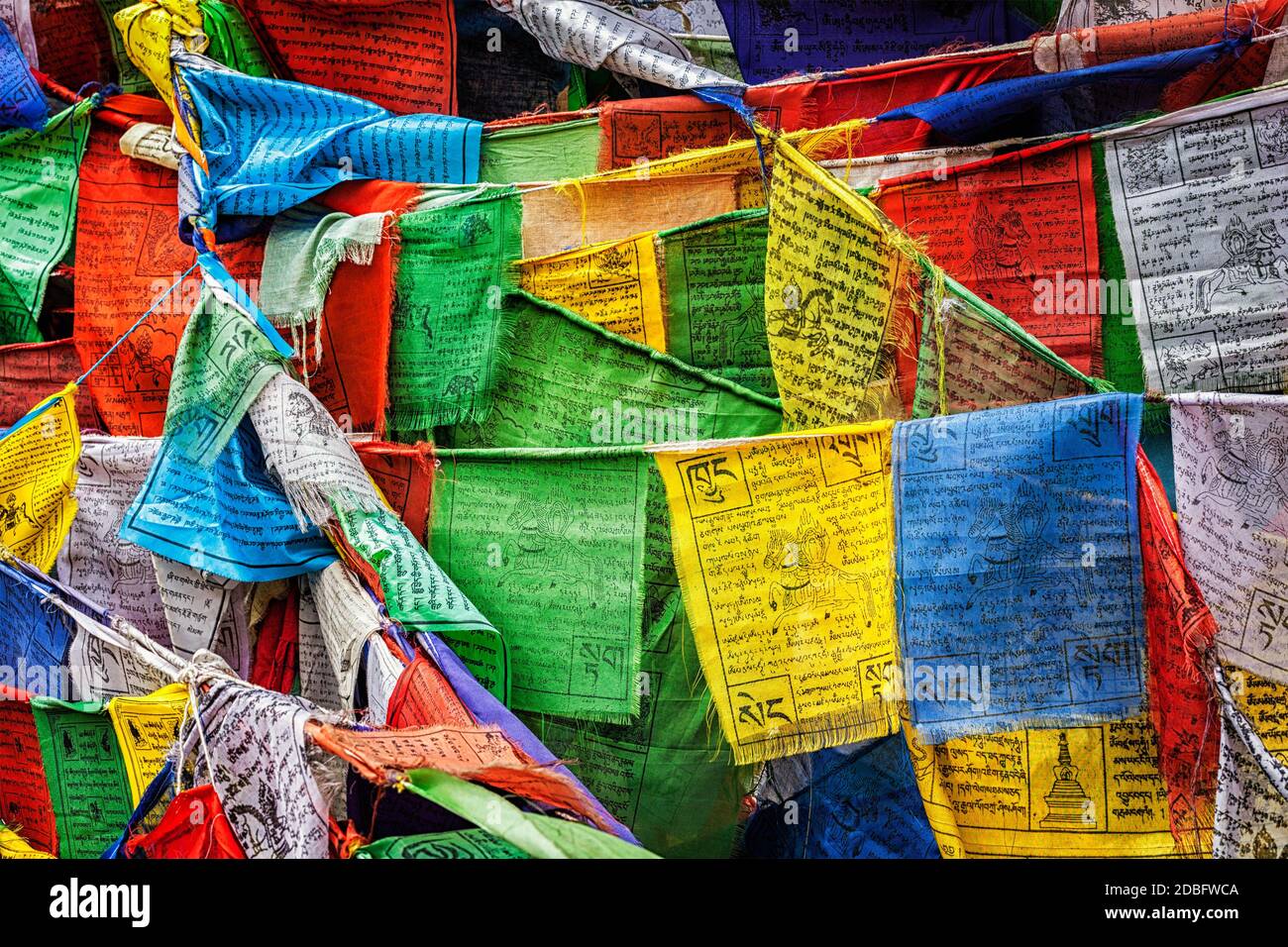 Bandiere di preghiera del buddismo tibetano (lungta) con mantra di preghiera Om mani padme hum in lingua tibetana. Leh, Ladakh, Jammu e Kashmir, India Foto Stock