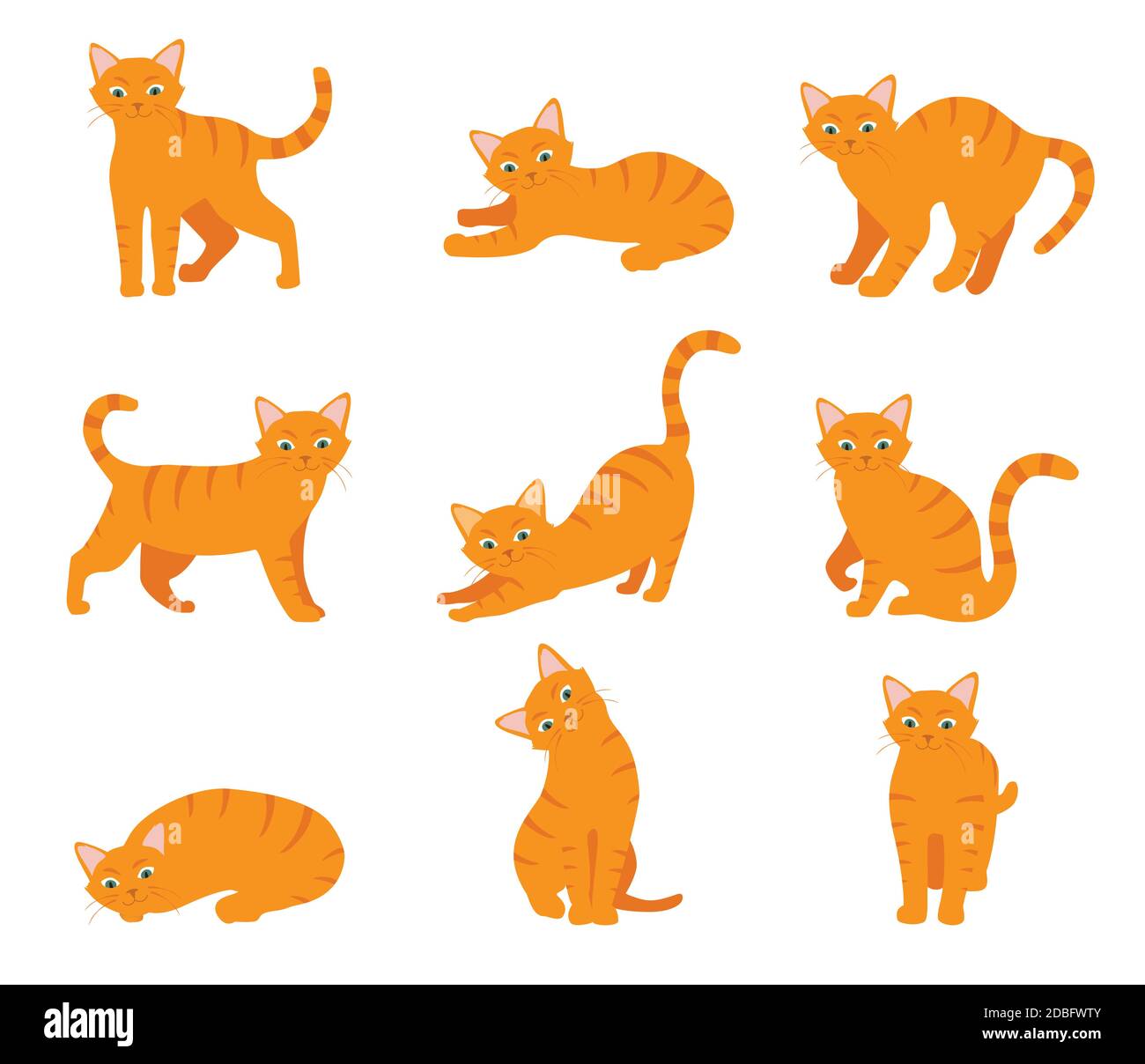 Set di gatti Cartoon con pose ed emozioni diverse. Comportamento del gatto e linguaggio del corpo. Ginger gitty in stile semplice, illustrazione vettoriale isolata. Illustrazione Vettoriale