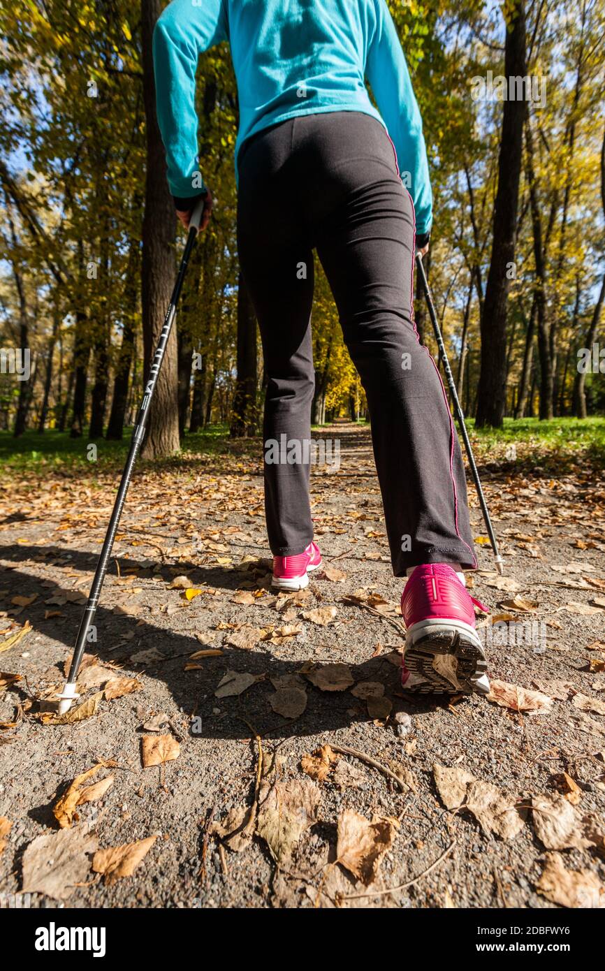 Nordic walking avventura e esercizio concetto - donna trekking withnordic bastoni  per camminare nel parco Foto stock - Alamy