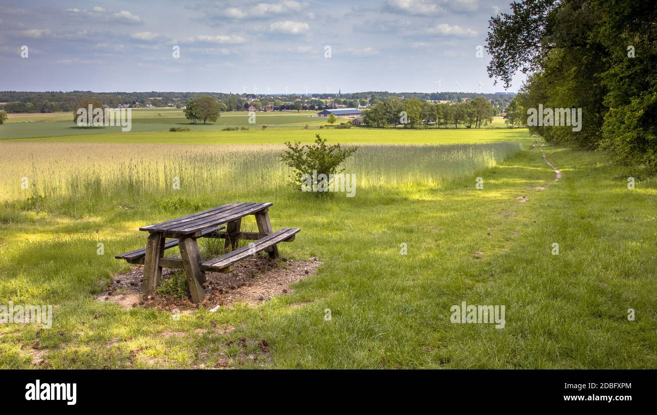 Paesaggio agricolo con tavola da picnic vista dalla riserva naturale di Bergherbos Foto Stock