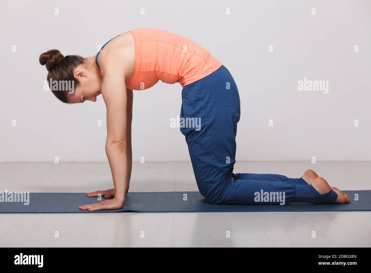 Bella sport fit yogini donna pratica yoga asana marjariasana - cat posa delicato scaldare per la colonna vertebrale (chiamata anche posa di gatto-mucca) in studio Foto Stock