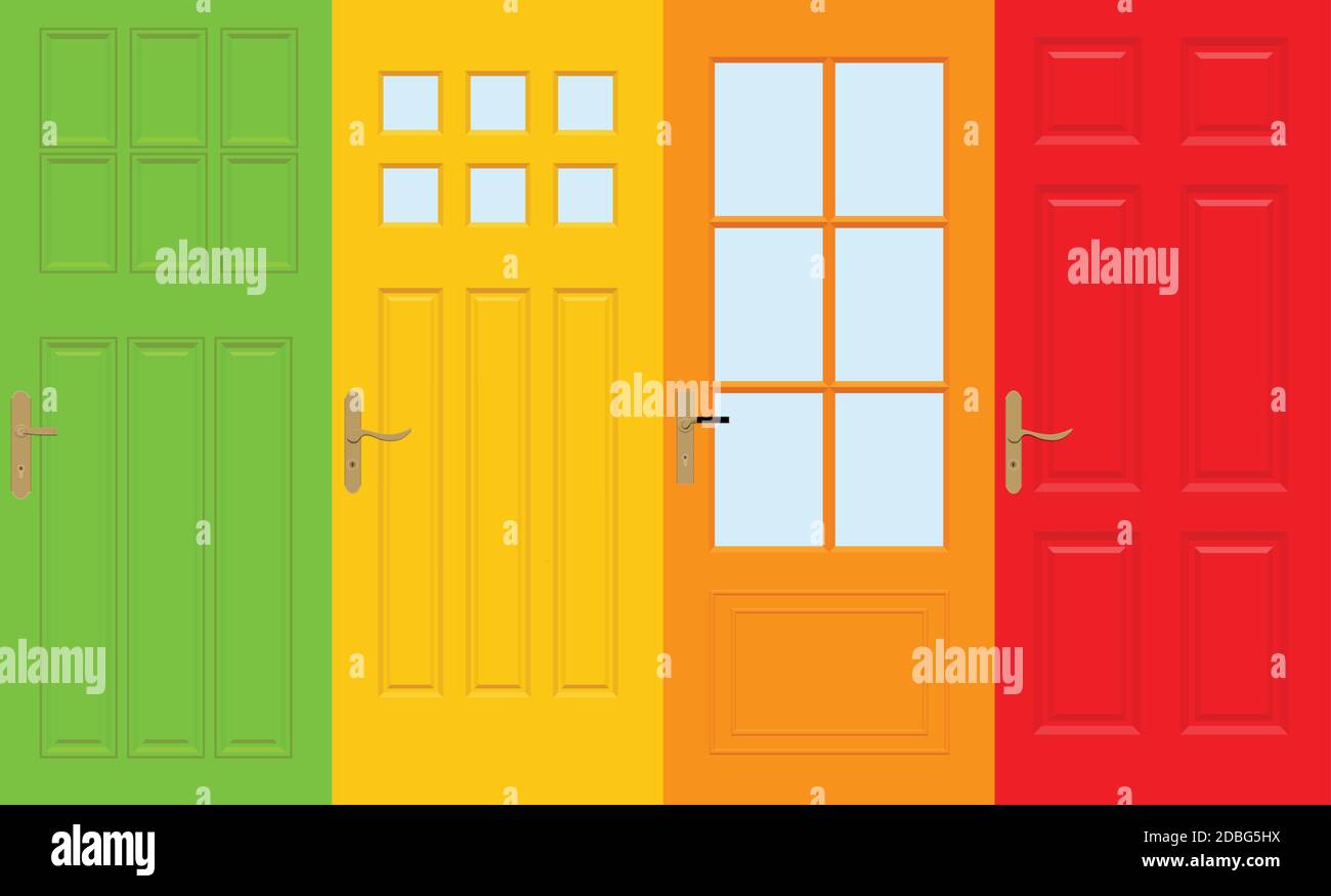 Colorate porte anteriori per case ed edifici in stile piano isolato, illustrazione vettoriale. Illustrazione Vettoriale