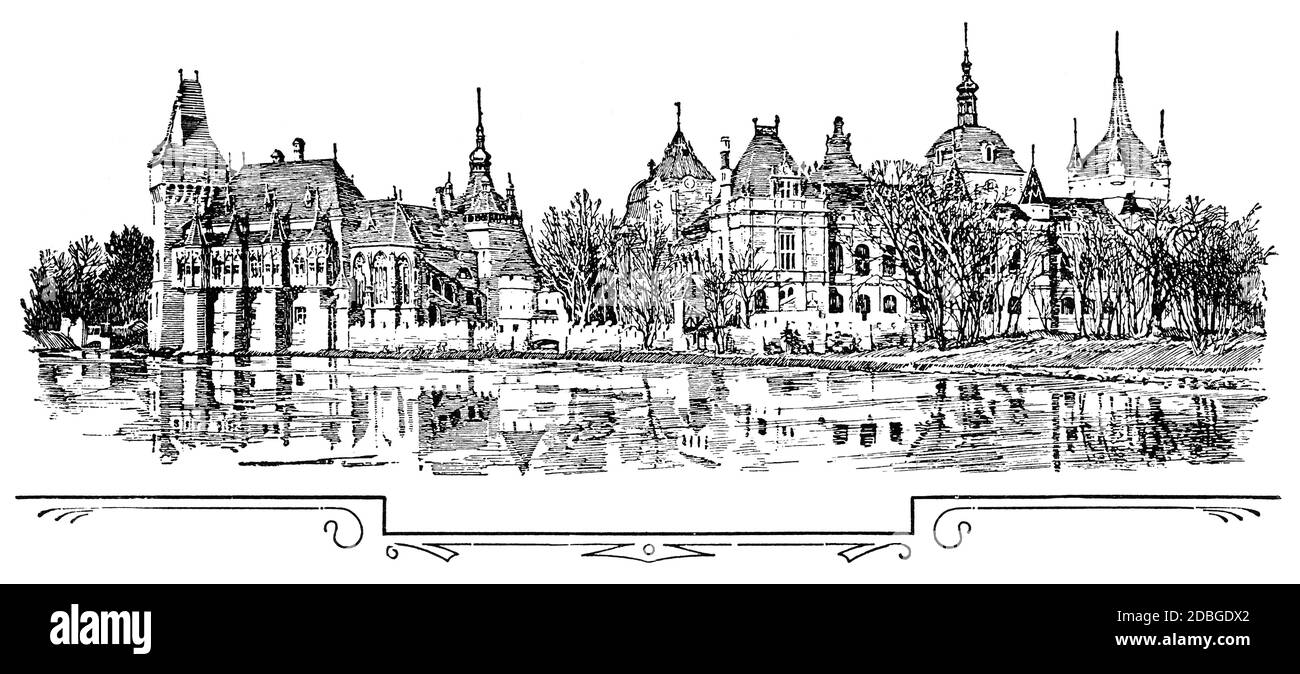 Mostra millenaria ungherese a Budapest, 1896. Illustrazione del 19 ° secolo. Sfondo bianco. Foto Stock