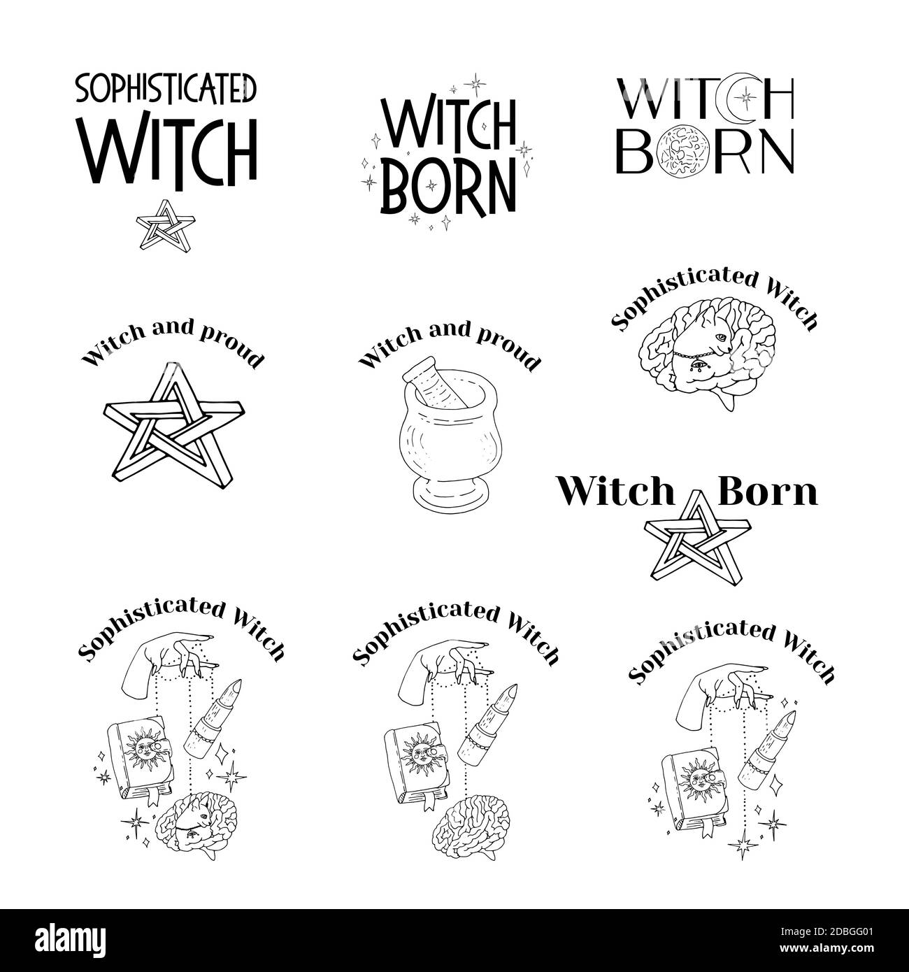 Set di articoli e scene di magia e stregoneria d'arte. Clitchy mistico. Illustrazione Vettoriale