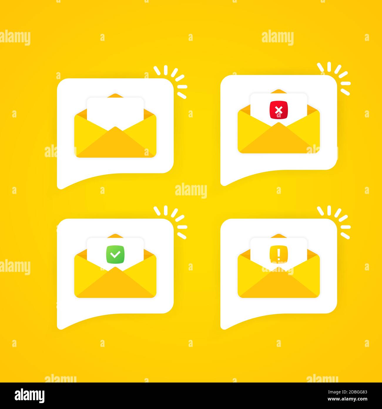 Busta e documento aperti con segno di spunta, croce e punto esclamativo. Vettore su sfondo isolato. EPS 10 Illustrazione Vettoriale
