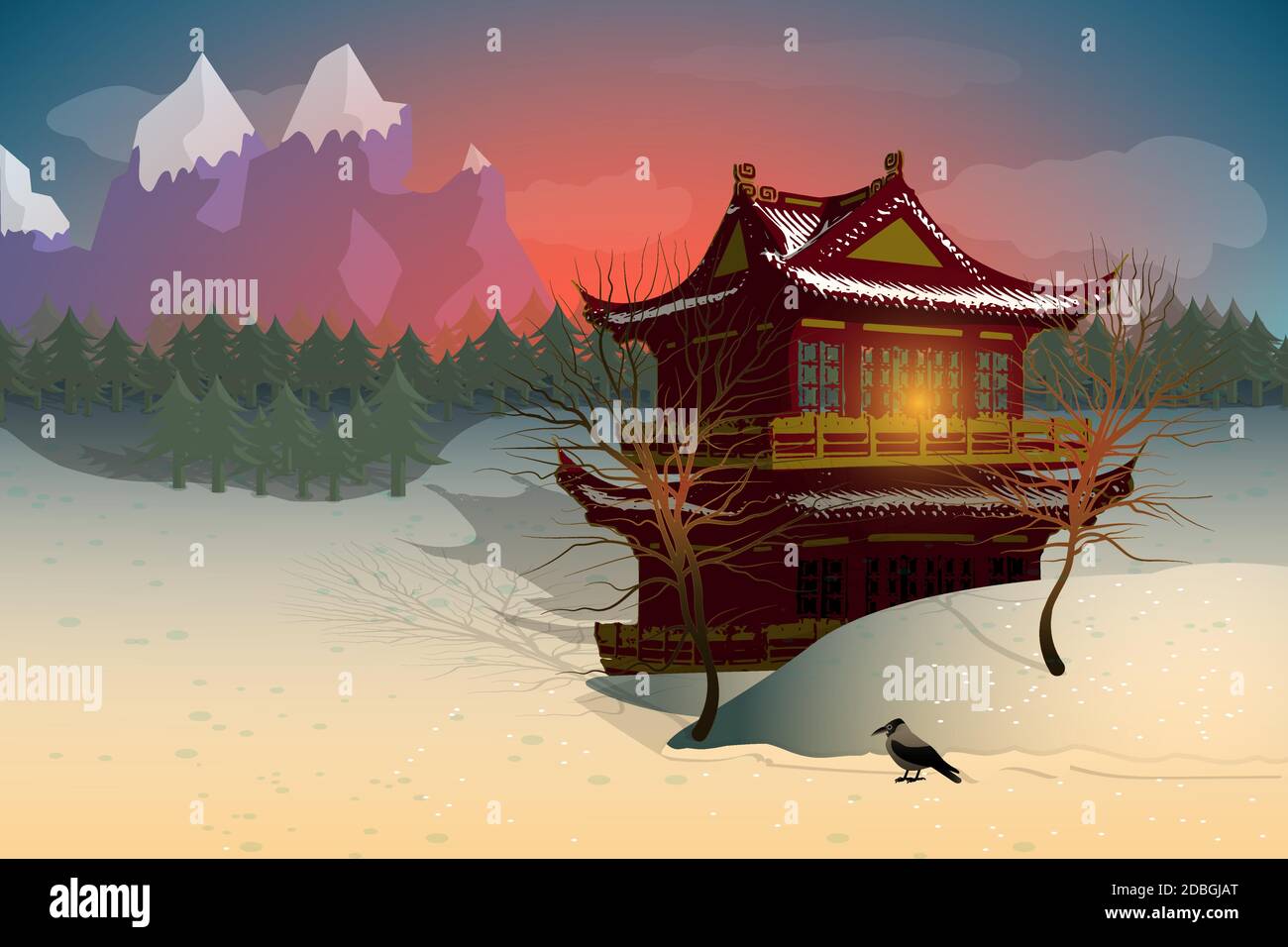 Bellissimo scenario con cinese o giapponese tradizionale casa, montagne, foresta, coperto di neve. Illustrazione Vettoriale