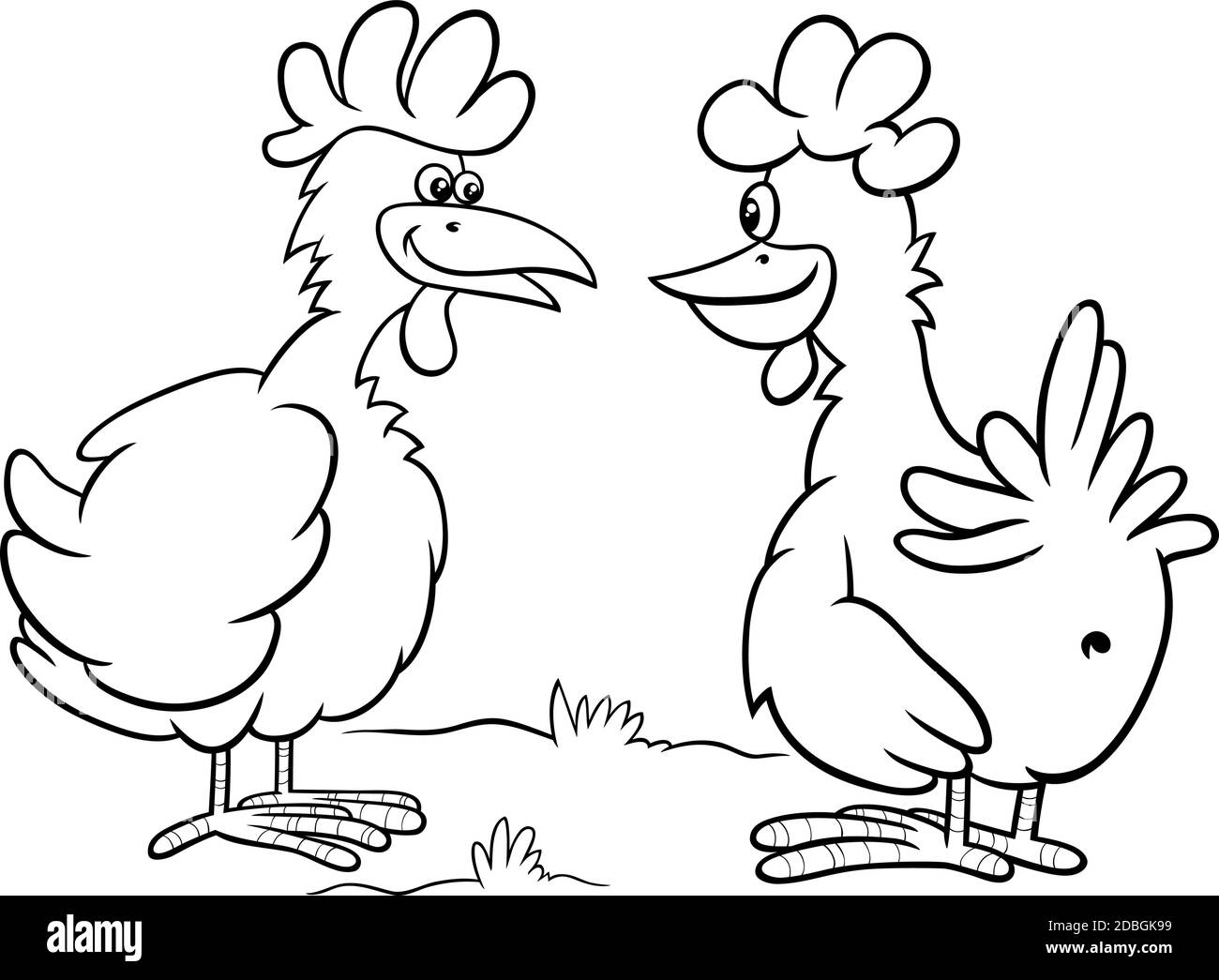 Cartoni animati in bianco e nero di due uccelli fattoria galline caratteri che parlano colorare pagina del libro Illustrazione Vettoriale