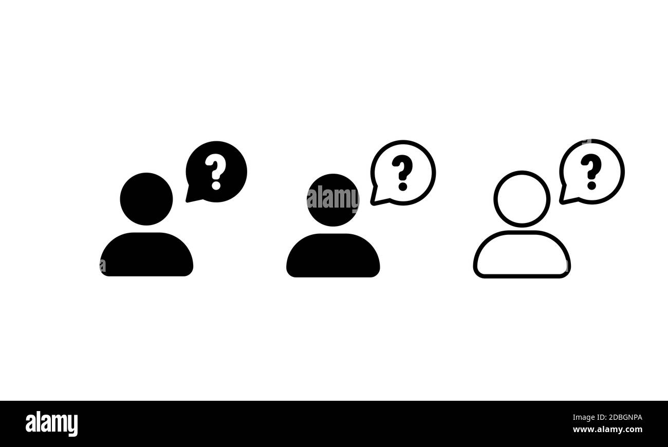 Set di icone chiedere. Icona FAQ. Aiuto con le persone, punto interrogativo e bolla. Parlando di persone. Icona Chat. Icona della finestra di dialogo. Illustrazione Vettoriale