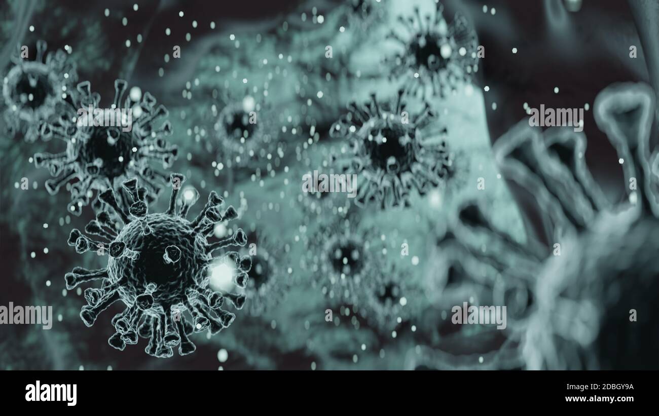 Coronavirus COVID-19, virus in xray 3d rappresentazione illustrazione, microbiologia e sfondo di concetto virologico Foto Stock