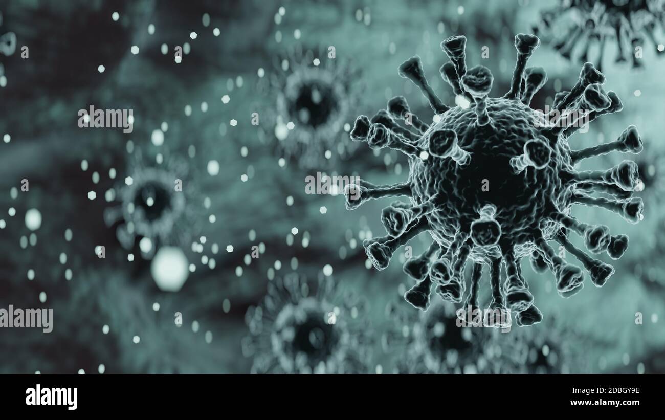 Coronavirus COVID-19 3d rappresentazione illustrazione, virus in xray, microbiologia e virologia concetto di base Foto Stock