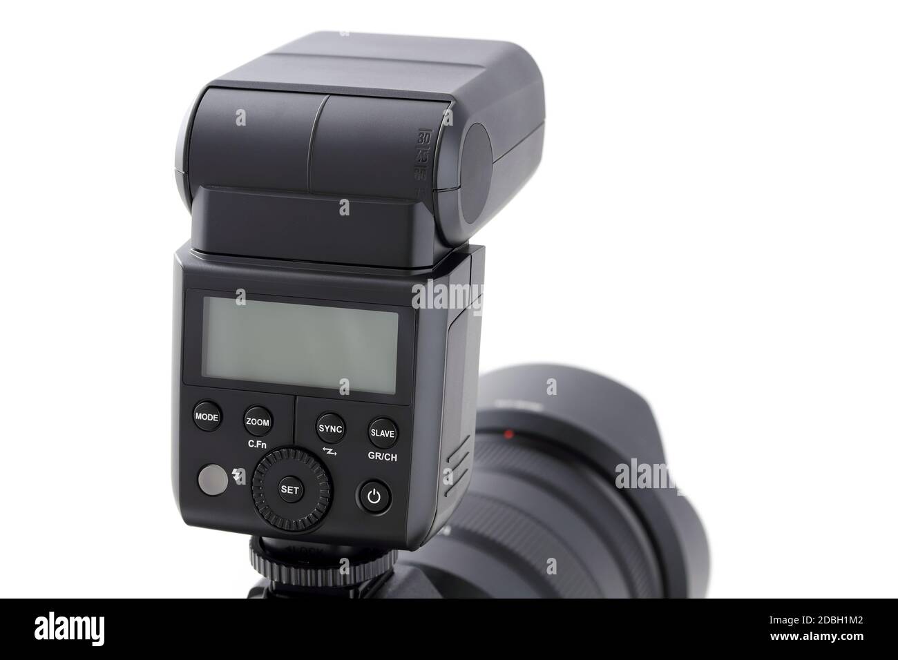 Corpo della fotocamera con flash isolato su sfondo bianco Foto Stock