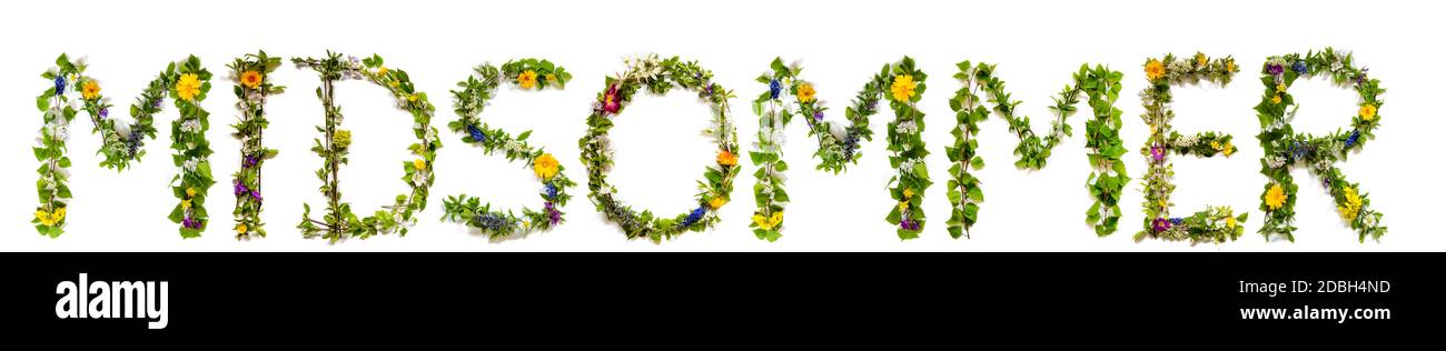 Fiore, rami e fiore lettera costruzione Danese parola Midsommer significa Midsummer. Sfondo bianco isolato Foto Stock
