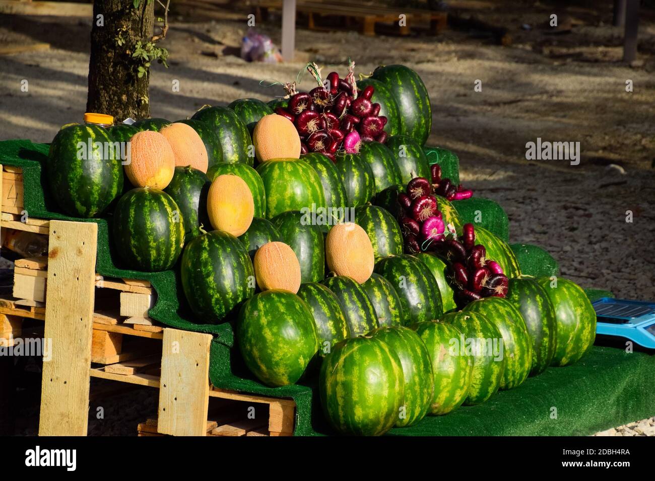 Vendita di verdure e cocomeri per strada. Negozi del resort per i turisti. Foto Stock