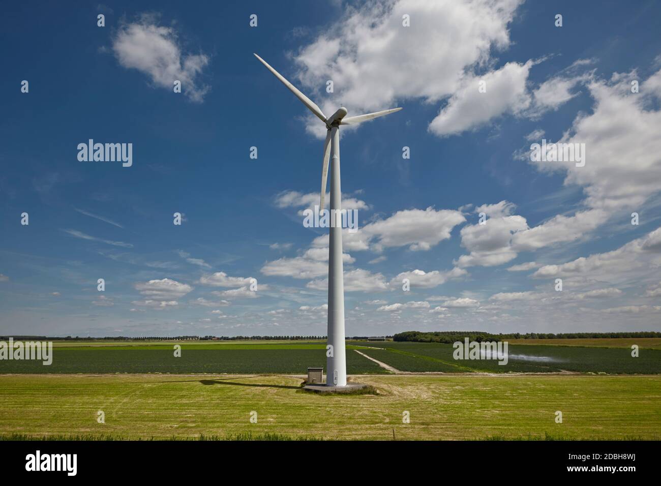 Windmill Park, enormi turbine a vento generatore durante il giorno con un cielo blu, verde tecnologia paesaggio Foto Stock