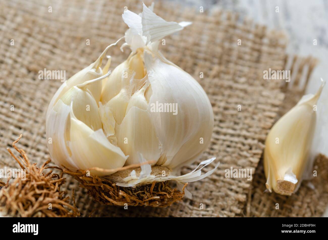 Primo piano di aglio sul tavolo da cucina. Foto Stock