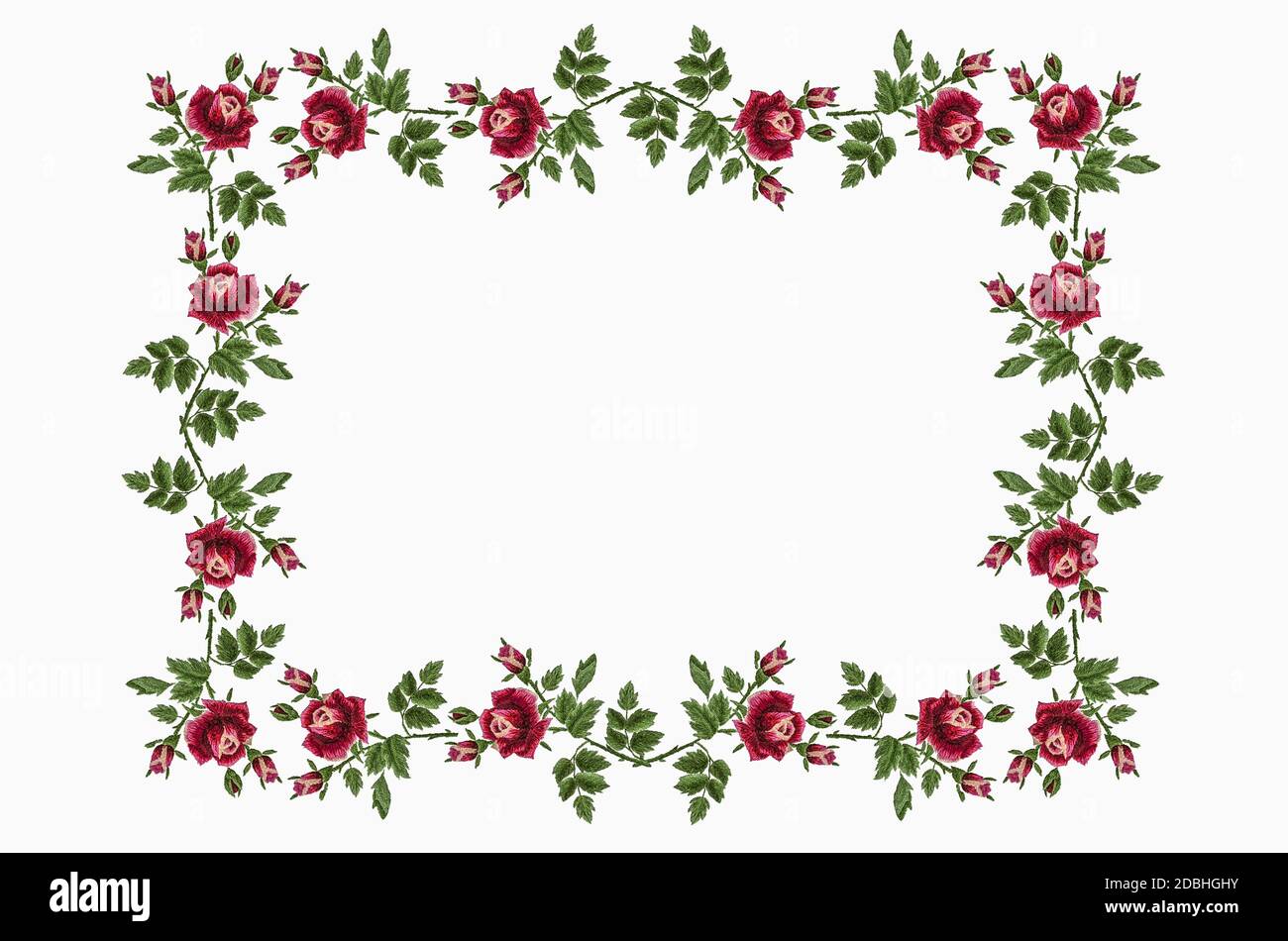 3D Pattern per ricamo cornice per tovaglie in ramoscello con rose, germogli e foglie rosso-rosa su sfondo bianco Foto Stock