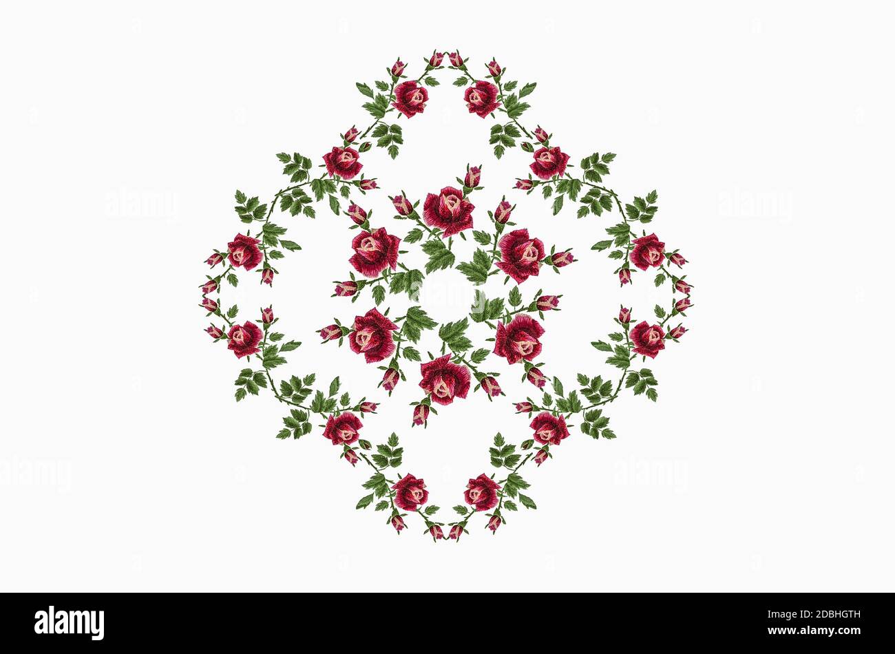 3D Pattern per ricamo romboide cornice da bordi con rose di petali rosso-rosa su un ramo con foglie verdi e. gemme su sfondo bianco Foto Stock