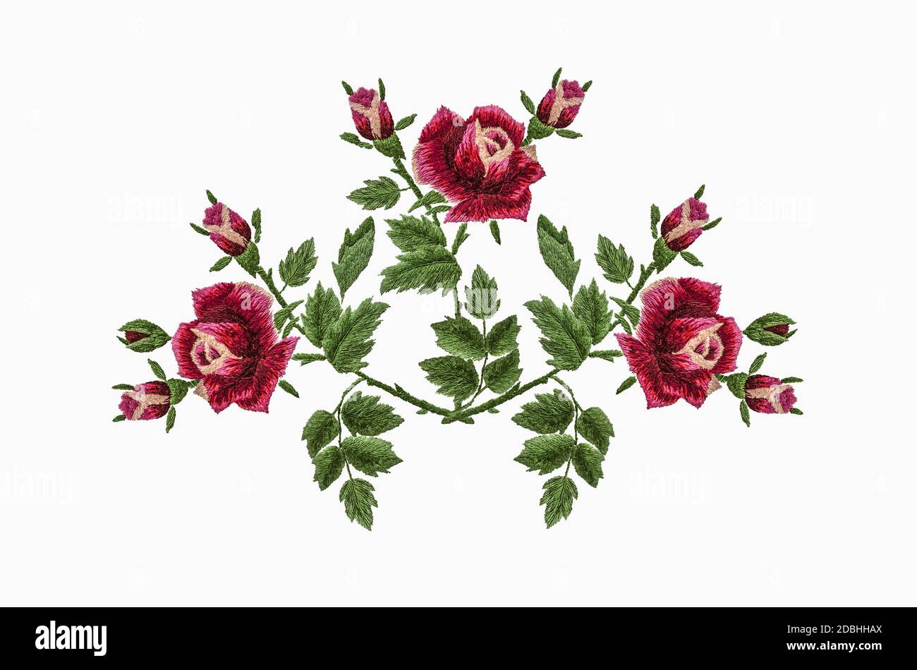 3Pattern per ricamo a punto satinato di un bouquet di tre rose con petali rosso-rosa su un ramo con verde foglie e gemme su uno sfondo bianco Foto Stock
