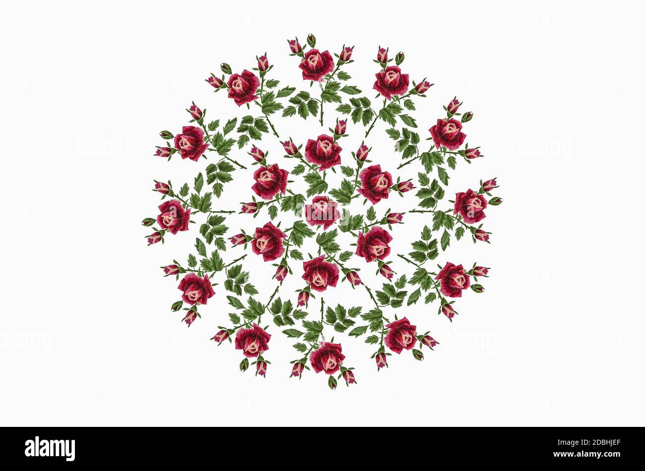 Disegno 3D per ricamo ornamento rotondo con rose di rosso-rosa petali su un ramo con foglie verdi e gemme su sfondo bianco Foto Stock