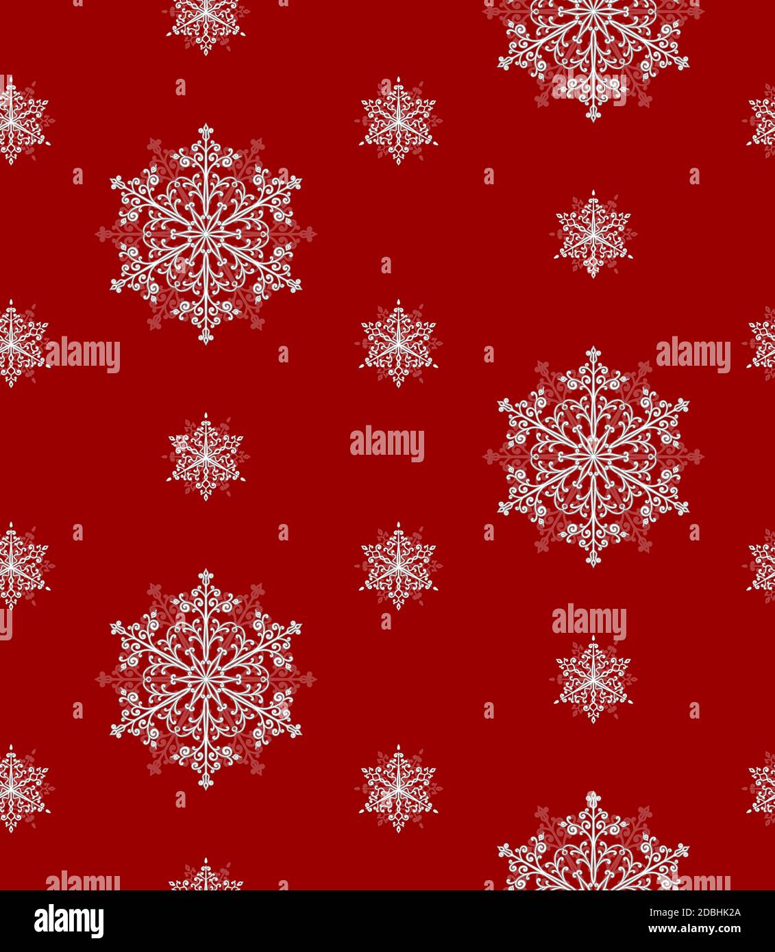 Neve senza cuciture. Fiocchi di neve bianchi ripetuti su sfondo rosso. Caleidoscopio ornamento di natale. Illustrazione vettoriale delle vacanze per l'avvolgimento di carta, tessuto, tessuto e sfondo. Illustrazione di Natale festivo Illustrazione Vettoriale
