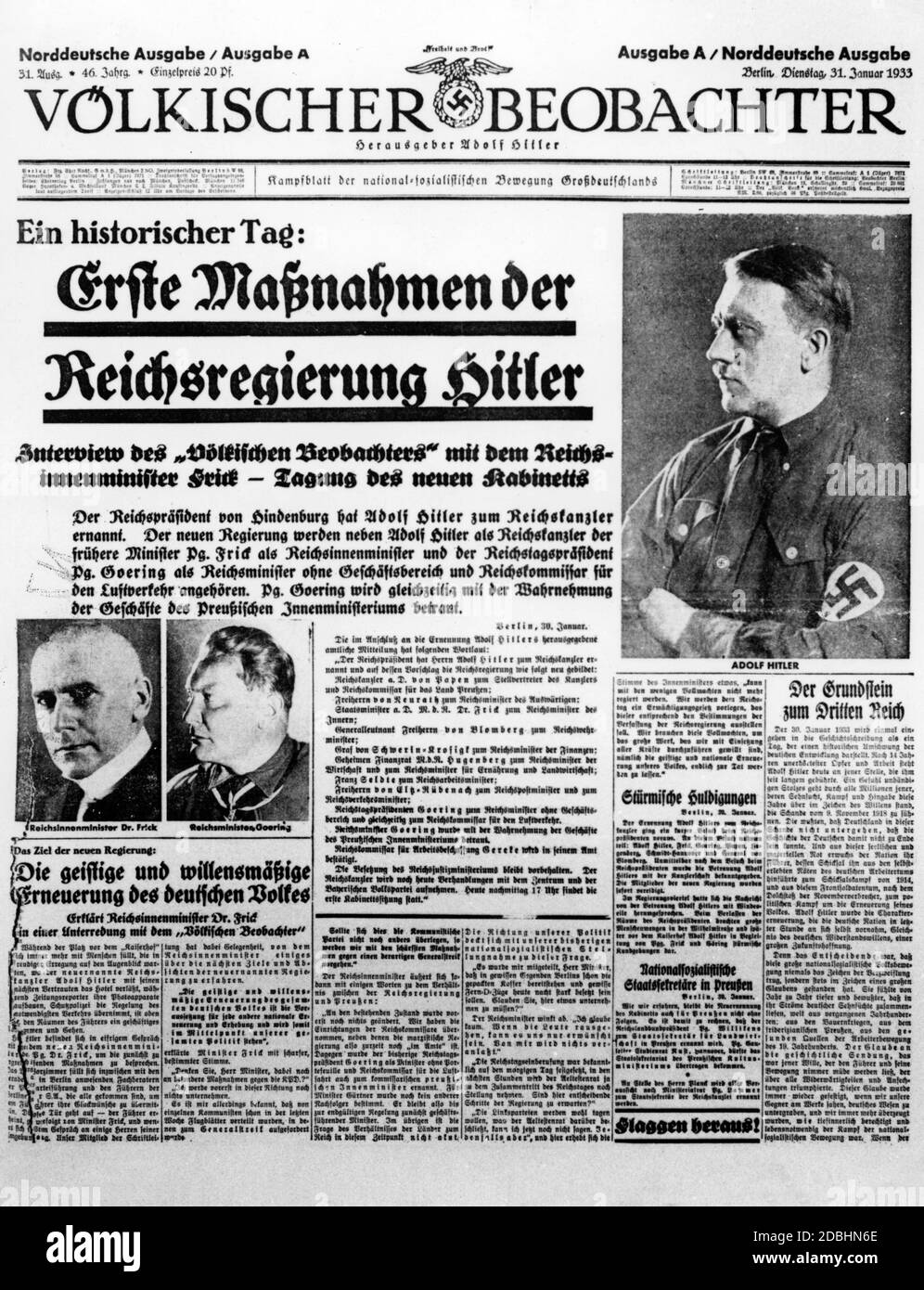 'News in the NSDAP party organor ''Voelkischer Beobachter''. Prime misure del gabinetto Hitler. Wilhelm Frick (ministro dell'interno del Reich) e Hermann Goering (ministro del Reich senza portafoglio e commissario del Reich per il traffico aereo)." Foto Stock
