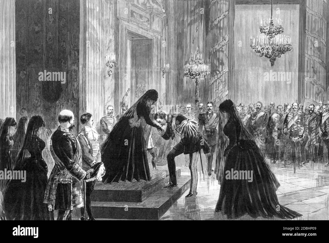 In questo dipinto l'imperatore Guglielmo II (al centro) bacia la mano della madre, l'imperatrice Victoria (nata da Gran Bretagna e Irlanda). Il dipinto rappresenta presumibilmente il servizio funebre per il defunto imperatore Friedrich III nel giugno 1888 a Potsdam. Foto Stock