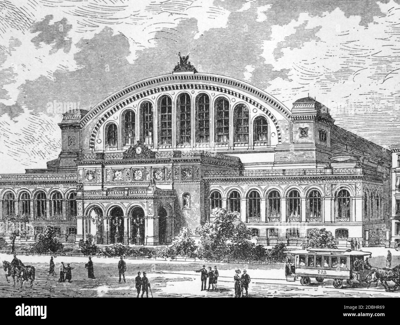 Disegno dell'Anhalter Bahnhof di Berlino. Fu costruito tra il 1875 e il 1880 su progetto di Franz Schwechten. Foto Stock
