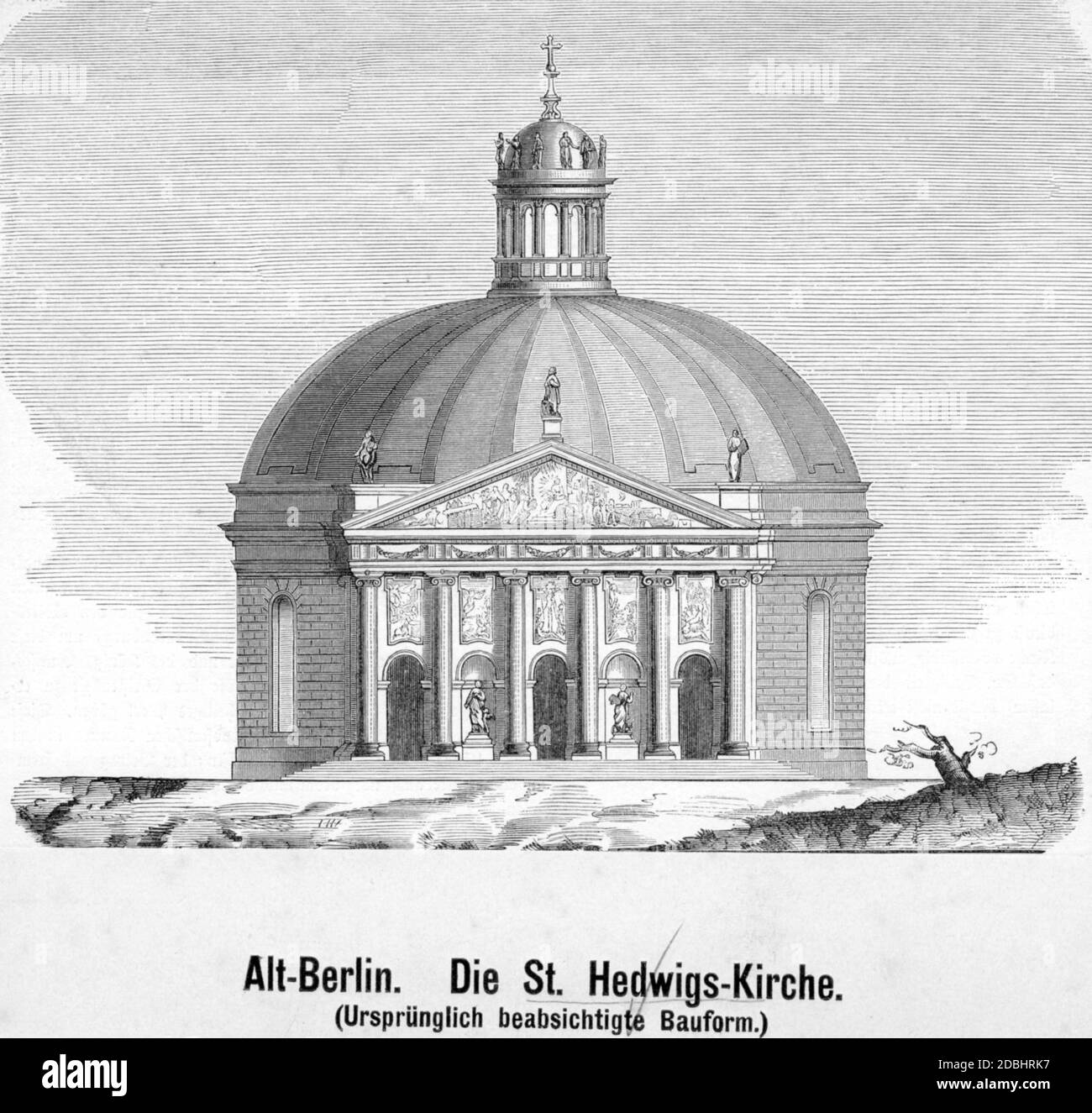 Questa incisione, realizzata intorno al 1740, mostra la Cattedrale di Sant'Hedwig a Bebelplatz, Berlino-Mitte, come originariamente era destinata ad essere costruita. Foto Stock
