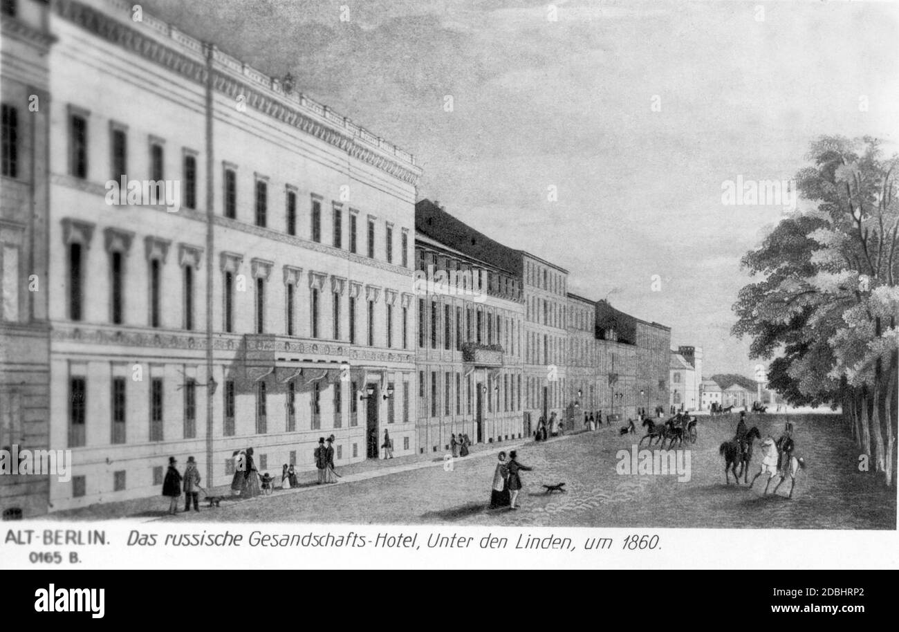 Questo dipinto, creato intorno al 1860, mostra l'hotel dell'ambasciata russa nel viale Unter den Linden a Berlino. Foto Stock