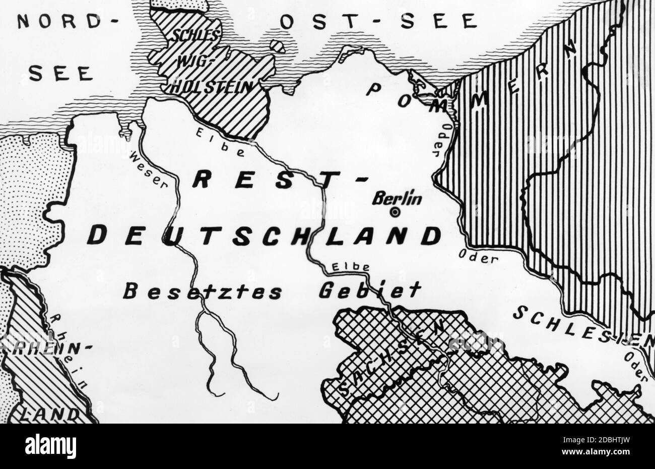 "Una mappa, stampata su vari quotidiani inglesi (compreso il "Daily Herald"), mostra una possibile divisione della Germania dopo la fine della seconda guerra mondiale." Foto Stock