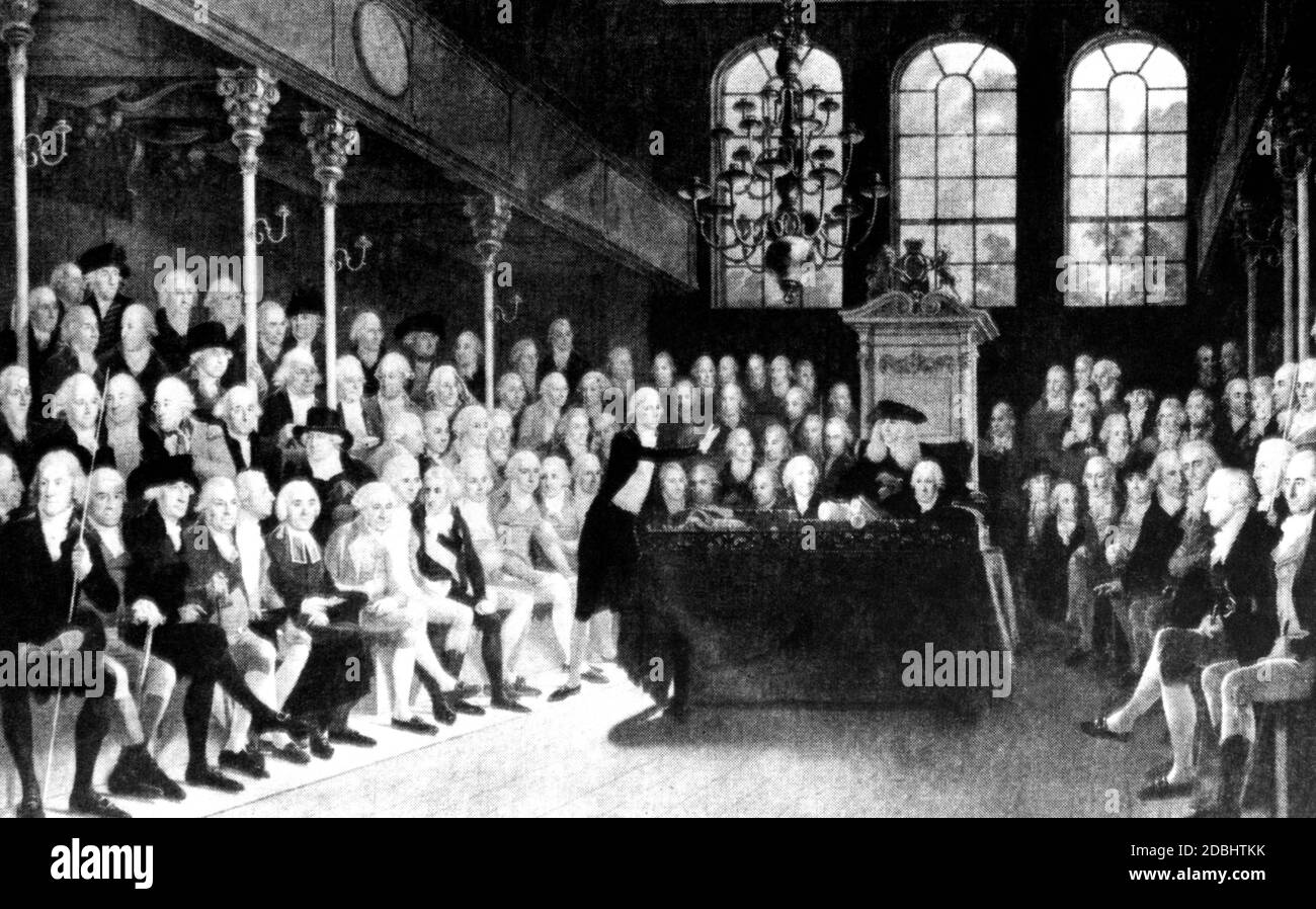 'Il dipinto di Karl Nickel (Adolf Nickol?) Mostra la Casa inglese dei Comuni al tempo della Guerra d'Indipendenza americana (1776-1781): ''Whigs'' e ''Tories'' siedono l'uno di fronte all'altro, mentre William Pitt il più giovane (in piedi al tavolo) dà un discorso. (foto non datata)' Foto Stock